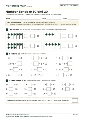 Page 1 of the Number Bonds to 10 and 20 worksheet