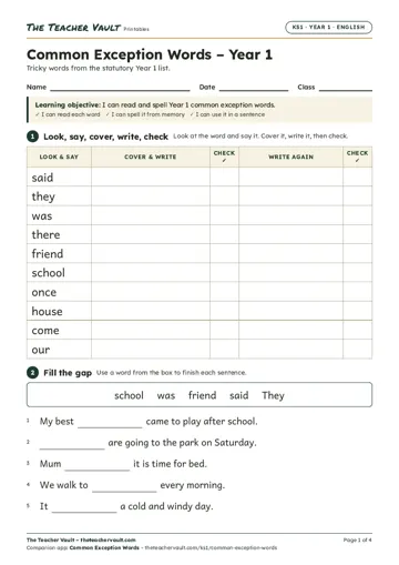 Page 1 of the Common Exception Words (Year 1 & Year 2) worksheet