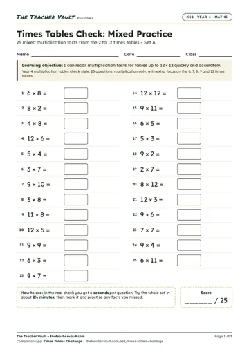Page 1 of the Times Tables Check: Mixed Practice worksheet