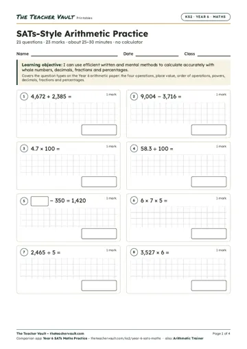 Page 1 of the SATs-Style Arithmetic Practice worksheet