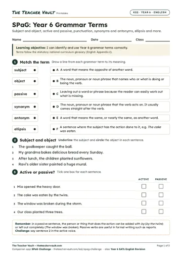 Page 1 of the SPaG: Year 6 Grammar Terms worksheet