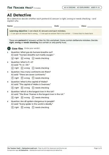 Page 1 of the AI Detective worksheet