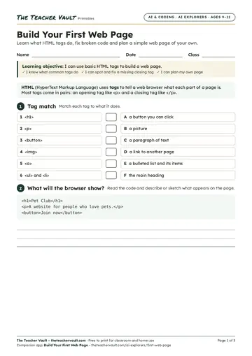 Page 1 of the Build Your First Web Page worksheet