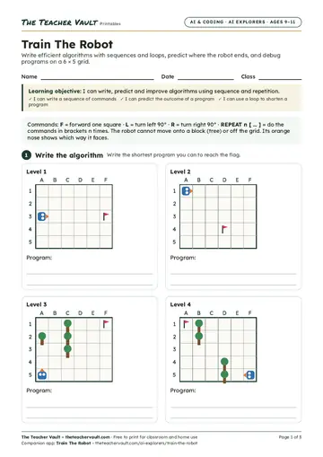 Page 1 of the Train The Robot worksheet