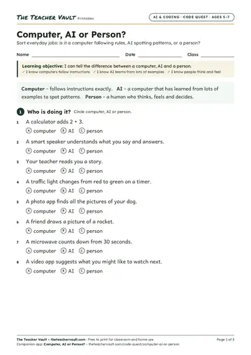 Page 1 of the Computer, AI or Person? worksheet