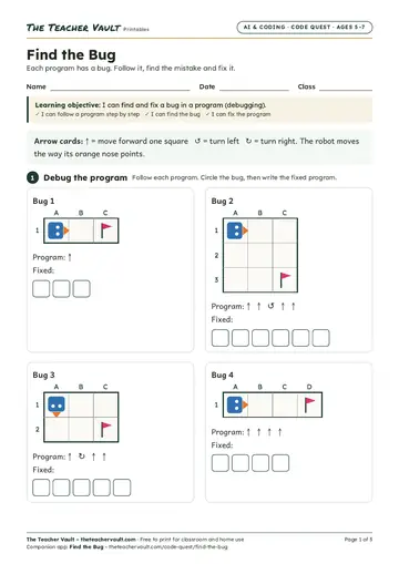 Page 1 of the Find the Bug worksheet