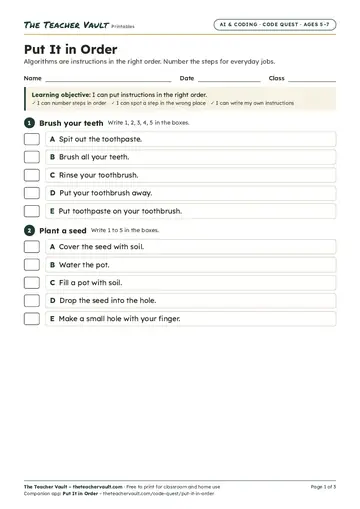 Page 1 of the Put It in Order worksheet