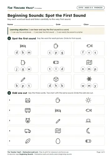 Page 1 of the Beginning Sounds: Spot the First Sound worksheet