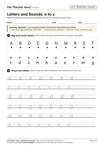 Page 1 of the Letters and Sounds: a to z worksheet