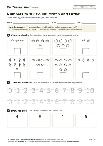 Page 1 of the Numbers to 10: Count, Match and Order worksheet