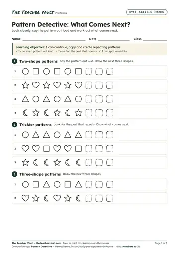 Page 1 of the Pattern Detective: What Comes Next? worksheet