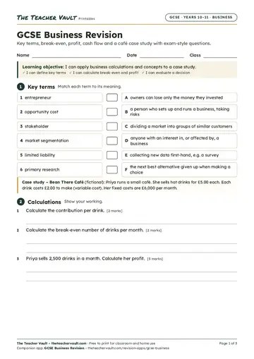 Page 1 of the GCSE Business Revision worksheet