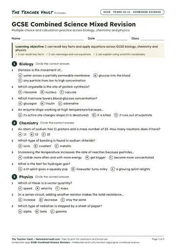 Page 1 of the GCSE Combined Science Mixed Revision worksheet