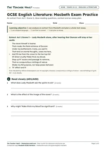 Page 1 of the GCSE English Literature: Macbeth Exam Practice worksheet