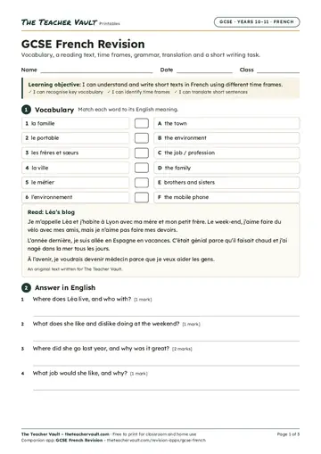 Page 1 of the GCSE French Revision worksheet