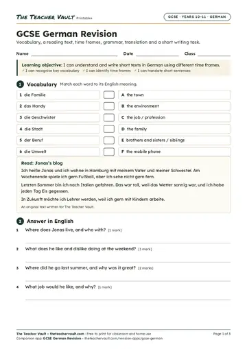 Page 1 of the GCSE German Revision worksheet