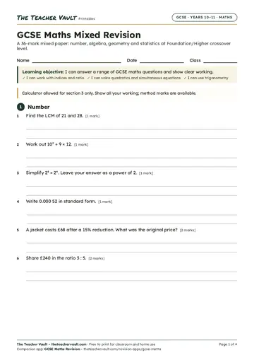 Page 1 of the GCSE Maths Mixed Revision worksheet