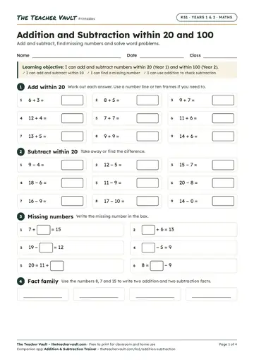 Page 1 of the Addition and Subtraction within 20 and 100 worksheet