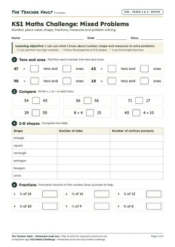 Page 1 of the KS1 Maths Challenge: Mixed Problems worksheet