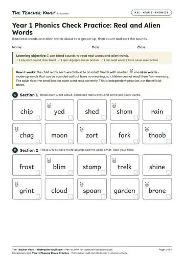 Page 1 of the Year 1 Phonics Check Practice worksheet