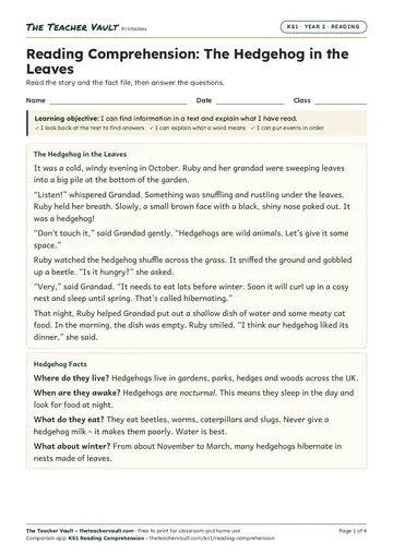 Page 1 of the Reading Comprehension: The Hedgehog in the Leaves worksheet