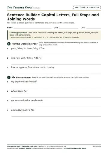 Page 1 of the Sentence Builder worksheet