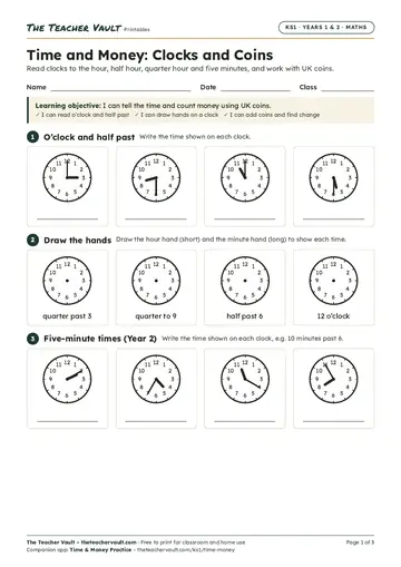 Page 1 of the Time and Money: Clocks and Coins worksheet