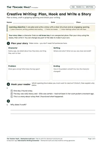 Page 1 of the Creative Writing: Plan, Hook and Write worksheet