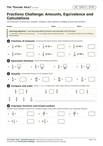 Page 1 of the Fractions Challenge worksheet
