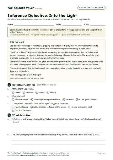 Page 1 of the Inference Detective: Into the Light worksheet