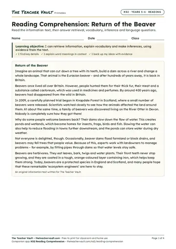 Page 1 of the Reading Comprehension: Return of the Beaver worksheet