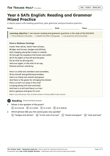 Page 1 of the SATs English: Reading and Grammar Mixed Practice worksheet