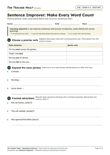 Page 1 of the Sentence Improver: Make Every Word Count worksheet