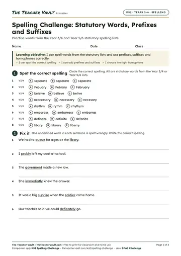 Page 1 of the Spelling: Statutory Words, Prefixes and Suffixes worksheet