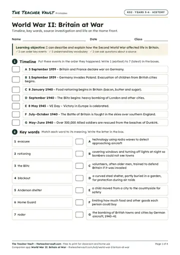 Page 1 of the World War II: Britain at War worksheet