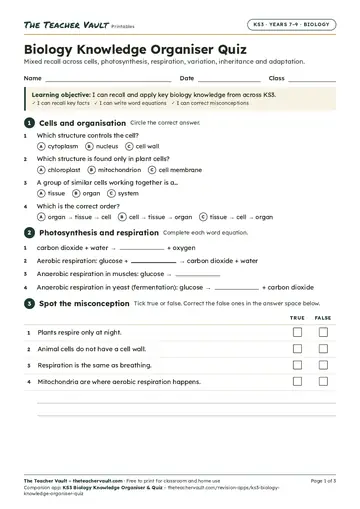 Page 1 of the Biology Knowledge Organiser Quiz worksheet