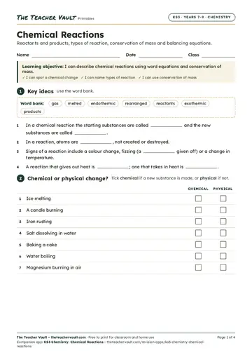 Page 1 of the Chemical Reactions worksheet