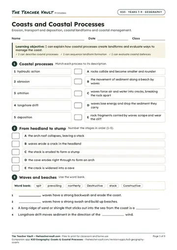 Page 1 of the Coasts and Coastal Processes worksheet