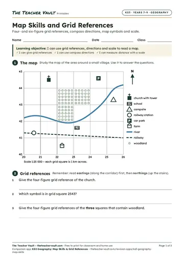 Page 1 of the Map Skills and Grid References worksheet
