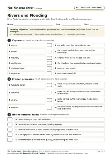 Page 1 of the Rivers and Flooding worksheet