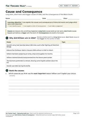 Page 1 of the Cause and Consequence worksheet
