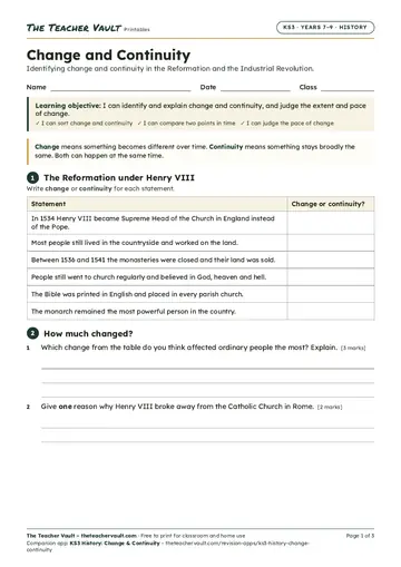Page 1 of the Change and Continuity worksheet
