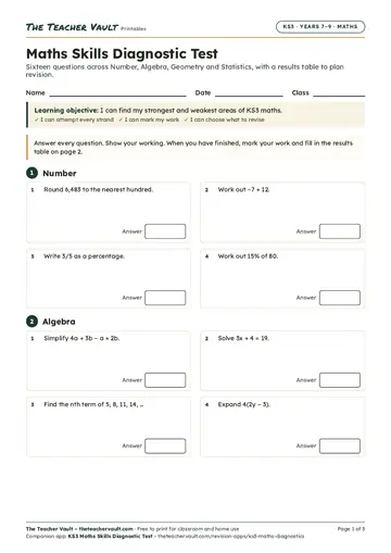 Page 1 of the Maths Skills Diagnostic Test worksheet