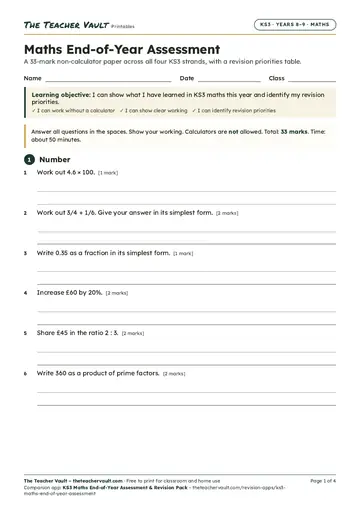 Page 1 of the Maths End-of-Year Assessment worksheet