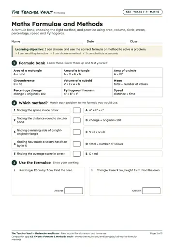 Page 1 of the Maths Formulae and Methods worksheet