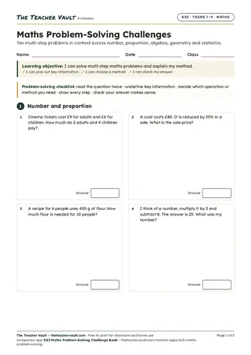 Page 1 of the Maths Problem-Solving Challenges worksheet
