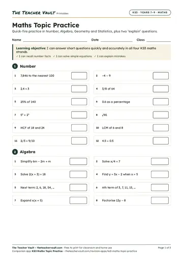 Page 1 of the Maths Topic Practice worksheet
