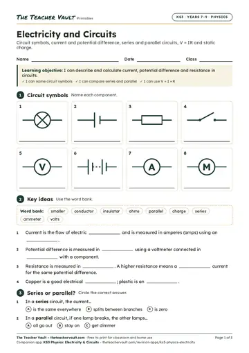 Page 1 of the Electricity and Circuits worksheet