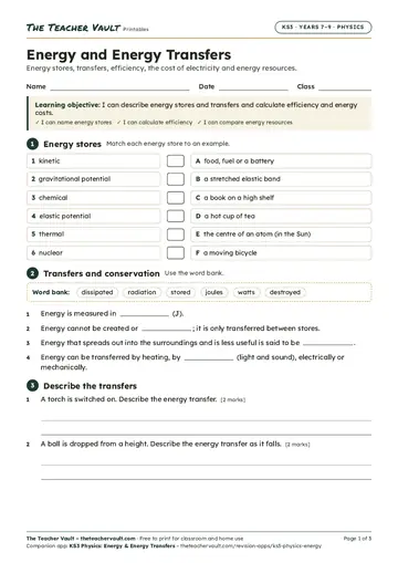 Page 1 of the Energy and Energy Transfers worksheet