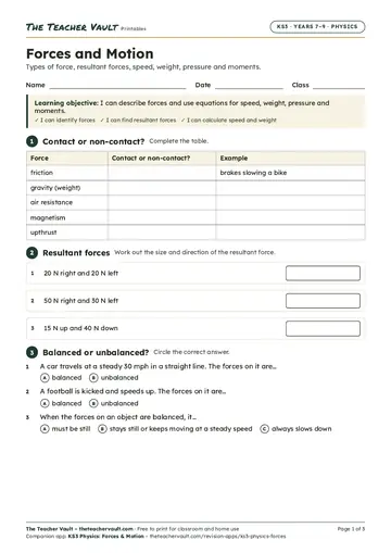 Page 1 of the Forces and Motion worksheet